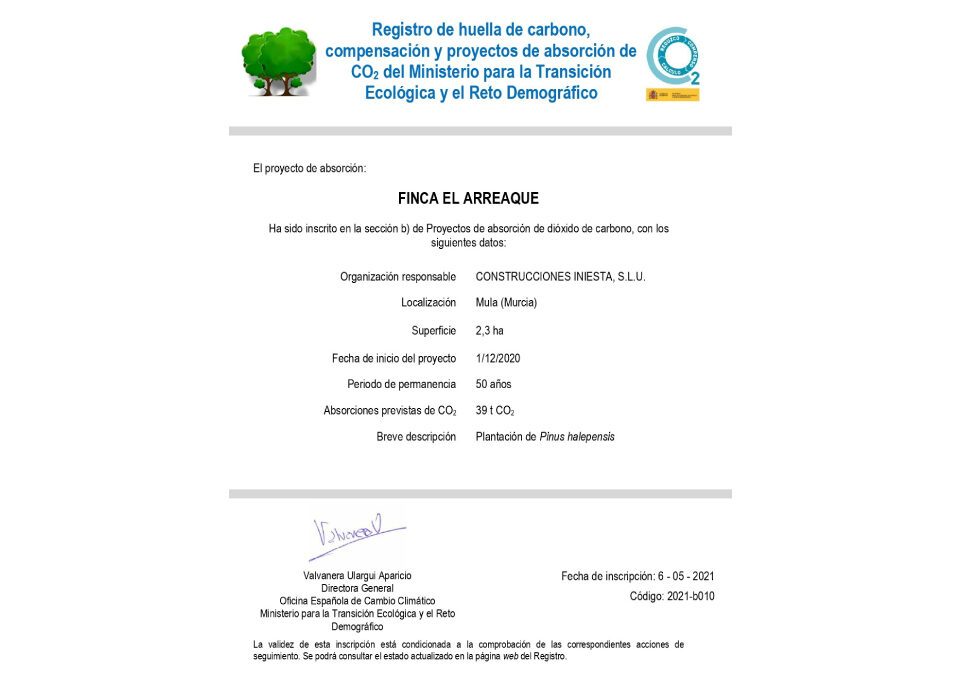 Construcciones Iniesta, S.L.U., primera empresa en la Región en conseguir el certificado de Registro de huella de carbono, compensación y absorción de CO2 con su proyecto 'Finca El Arreaque' 42 FRECOM